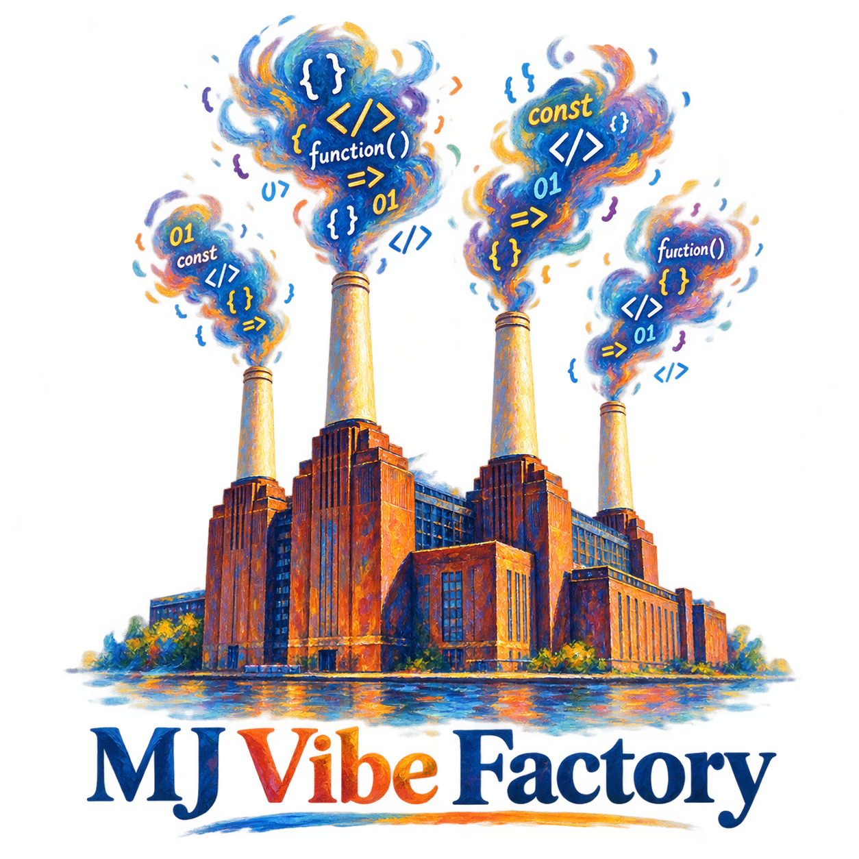 MJ Vibe Factory: impresionistická elektrárna Battersea s barevným kódem stoupajícím ze čtyř komínů